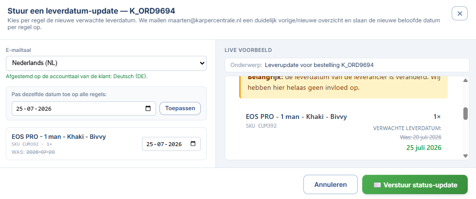 Date changed? Email the customer in one click