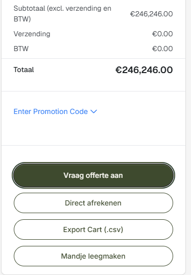 Offerte aanvragen, direct afrekenen of cart exporteren