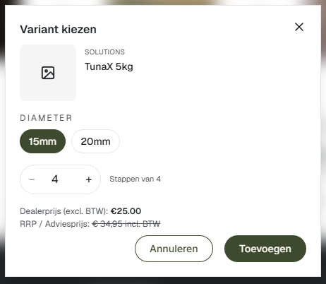 KarpCore dealerportaal: variant kiezen met dealerprijs en adviesprijs